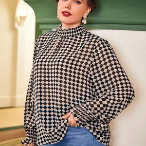SHEIN Black and Tan Checkered Blouse, Size 18